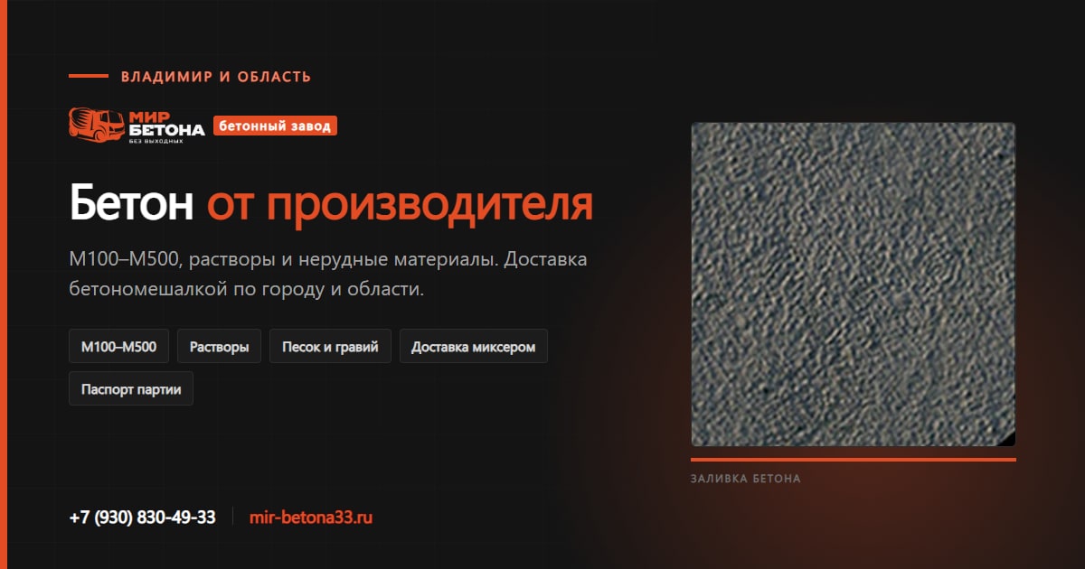 Титульная обложка сайта mir-betona33.ru